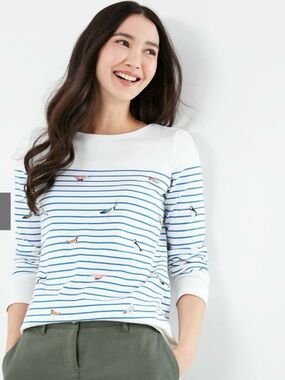 Joules Harbour Print Bird Stripe Long Sleeve Jersey Top - EUC